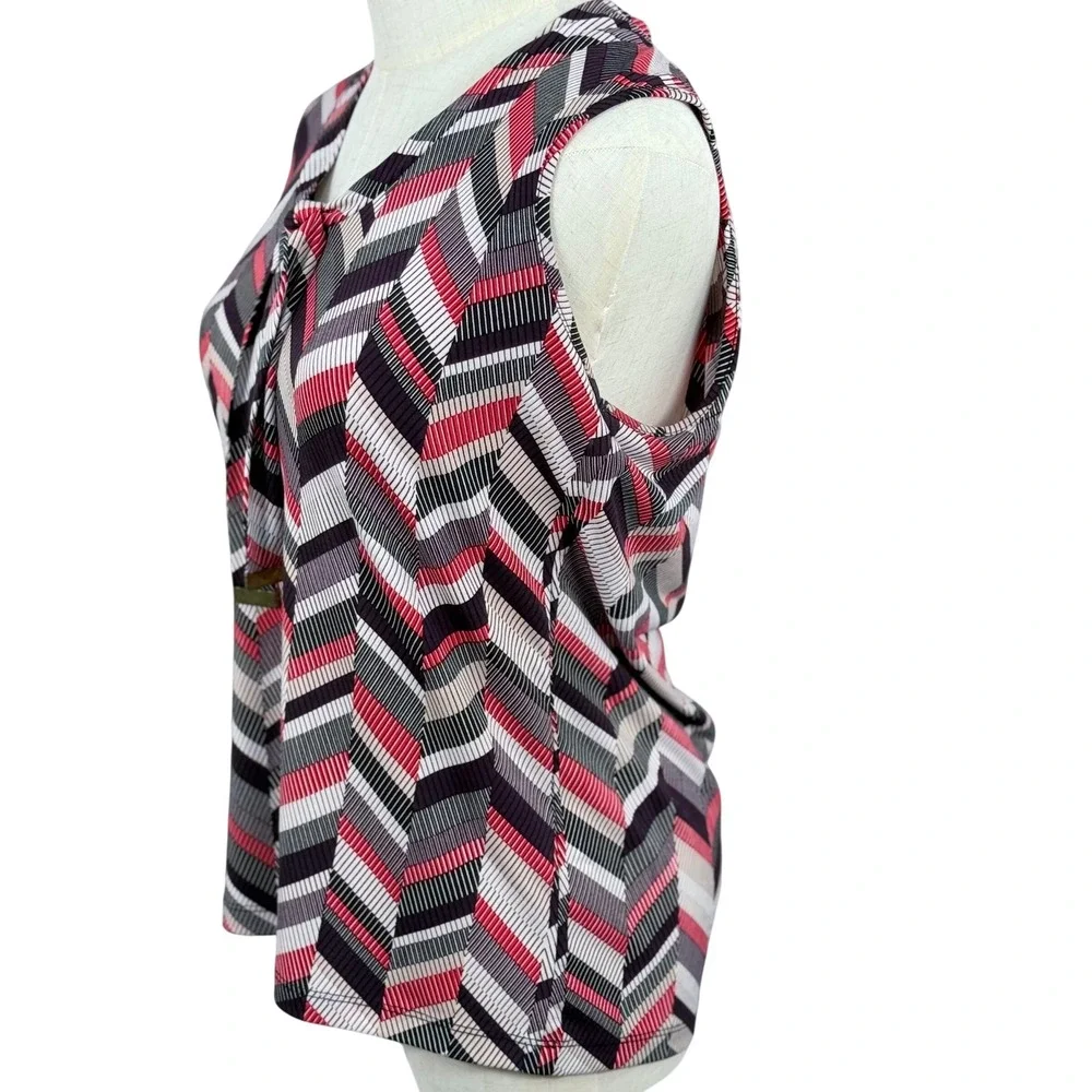 Jones New York S Blouse Red Geometric Women Tie Neck Sleeveless Shell Career EUC - Picture 2 of 8